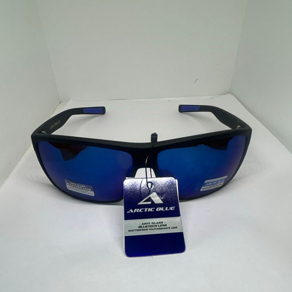 Arctic Blue Shield Wrap Sunglasses – Mirrored Blue Lens UV Protection Soft Frame - Picture 3 of 3